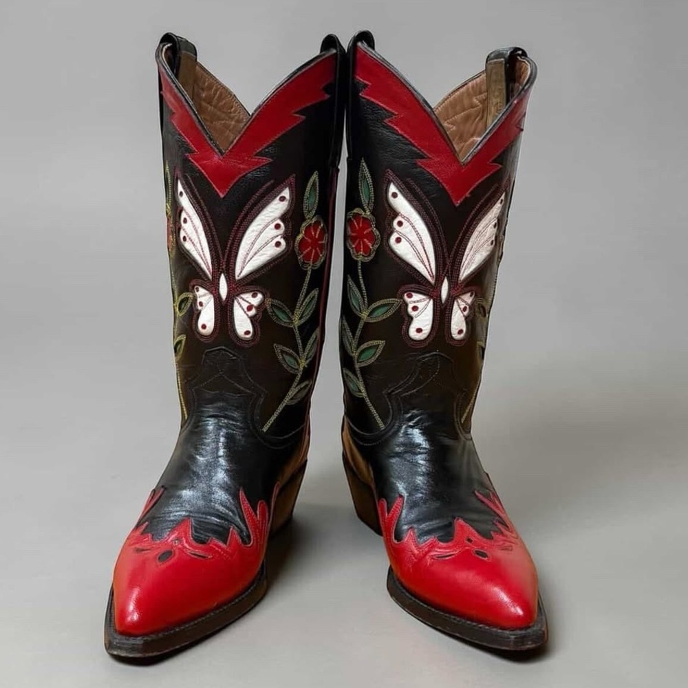 1990s Montana Butterfly Inlay Cowboy Boots — Women’s 7 B Vintage Cowgirl Boots